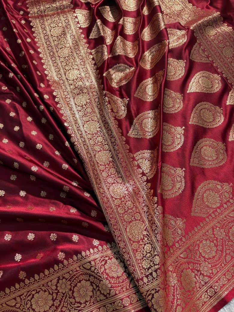 Deep Maroon Booti Pattern Satin Katan Silk Saree