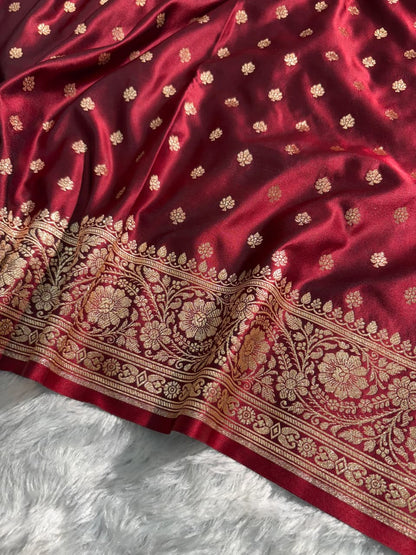 Deep Maroon Booti Pattern Satin Katan Silk Saree