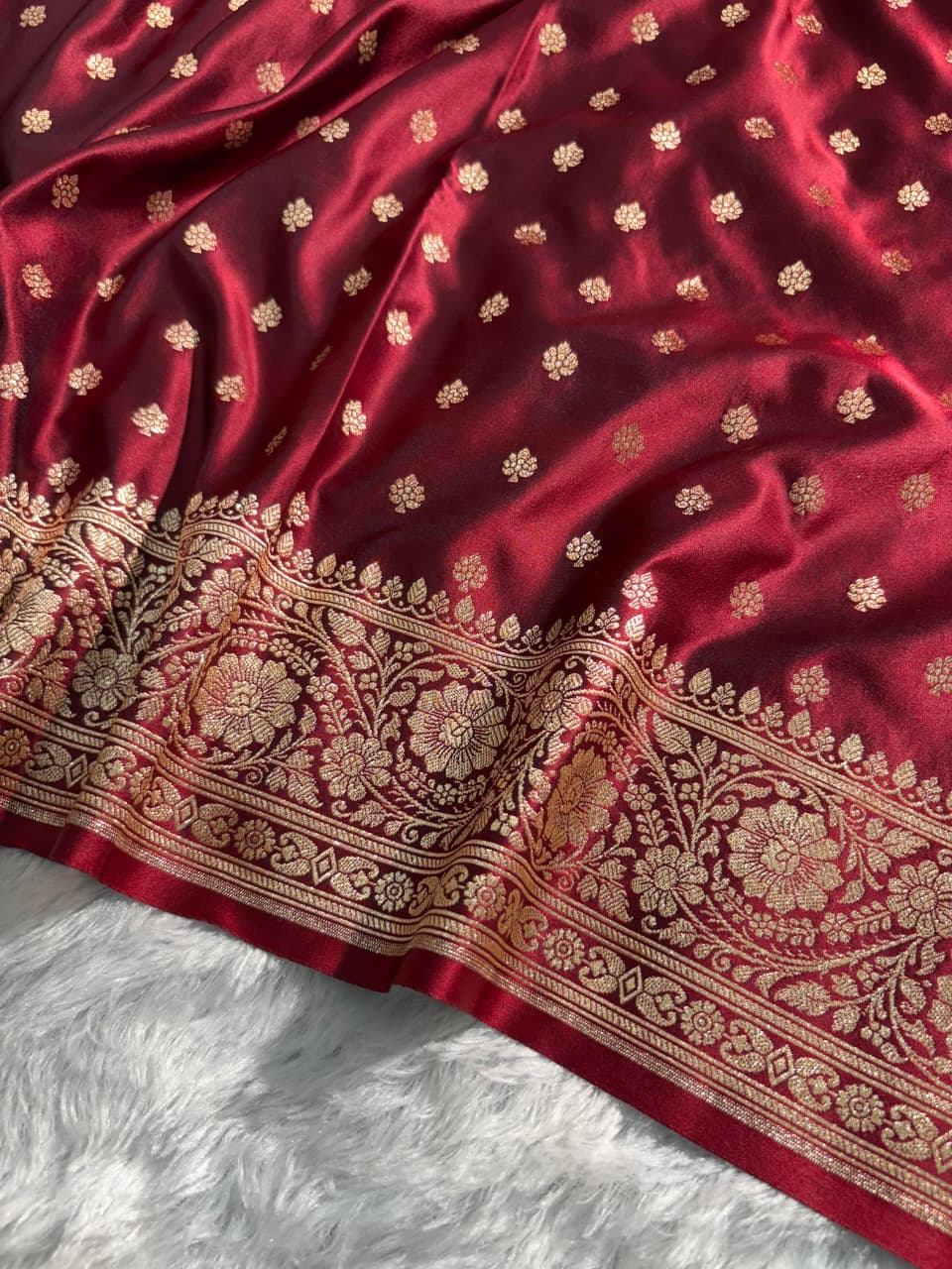 Deep Maroon Booti Pattern Satin Katan Silk Saree