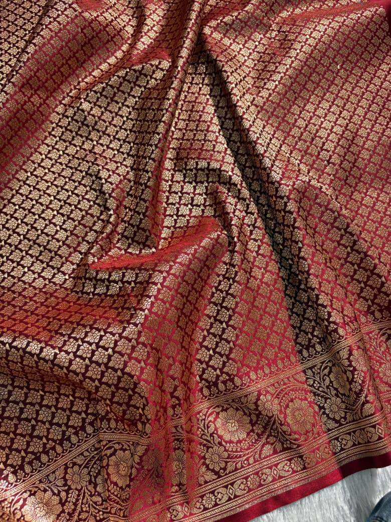 Deep Maroon Booti Pattern Satin Katan Silk Saree