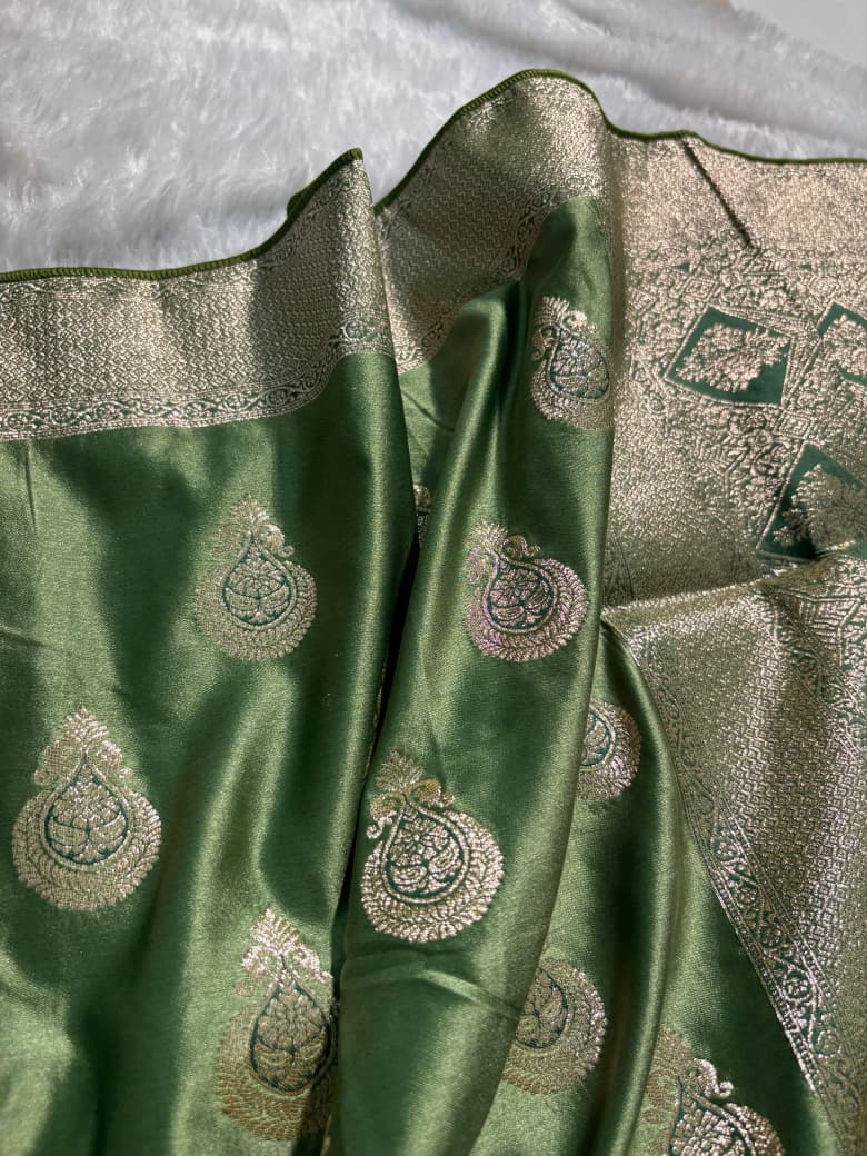 Sage Green Scallop Boota Pattern Mashru Silk Saree