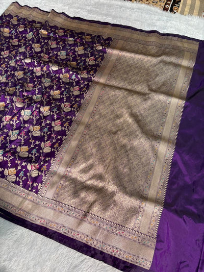 Deep Violet Handwoven Pure Katan Meenakari Banarasi Saree