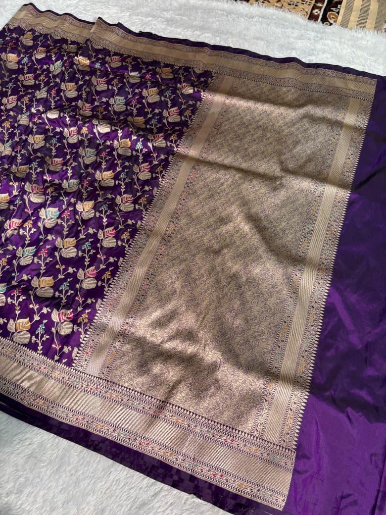 Deep Violet Handwoven Pure Katan Meenakari Banarasi Saree