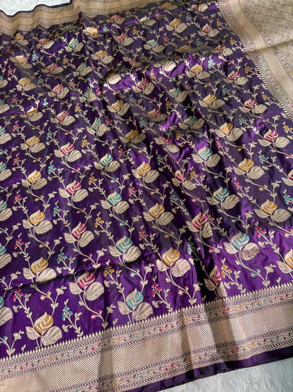 Deep Violet Handwoven Pure Katan Meenakari Banarasi Saree