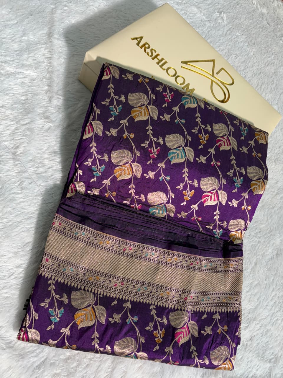 Deep Violet Handwoven Pure Katan Meenakari Banarasi Saree