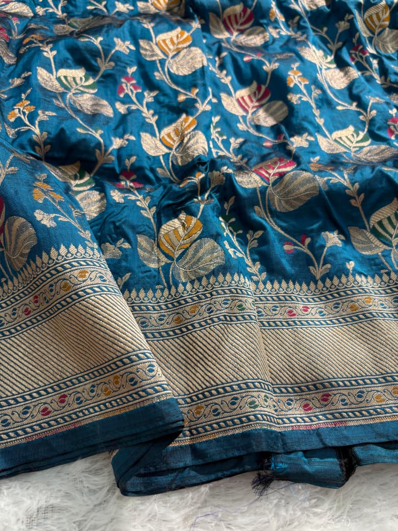 Blue Handwoven Pure Katan Meenakari Banarasi Saree