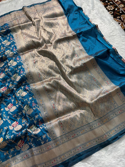 Blue Handwoven Pure Katan Meenakari Banarasi Saree