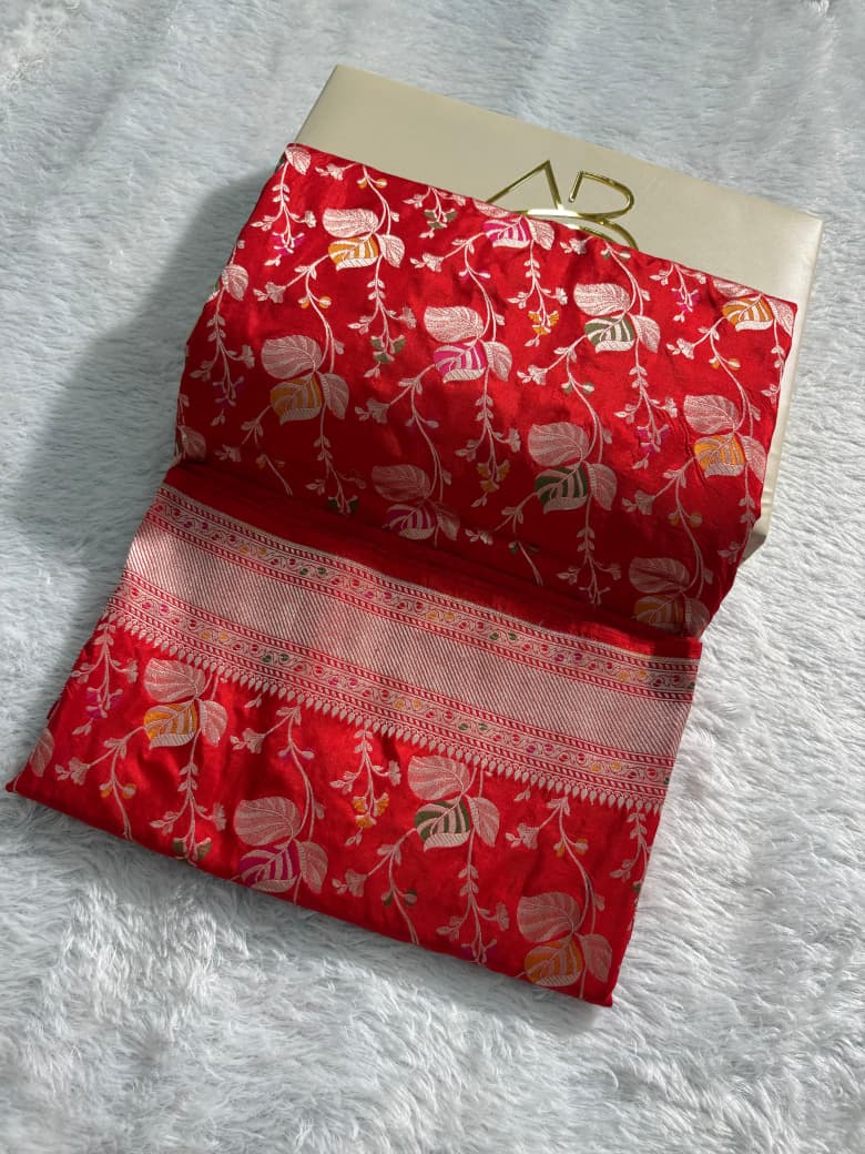 Red Handwoven Pure Katan Meenakari Banarasi Saree