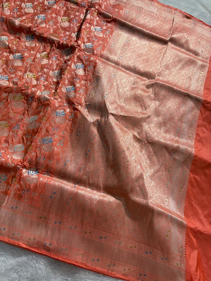 Subtle Peach Handwoven Pure Katan Meenakari Banarasi Saree