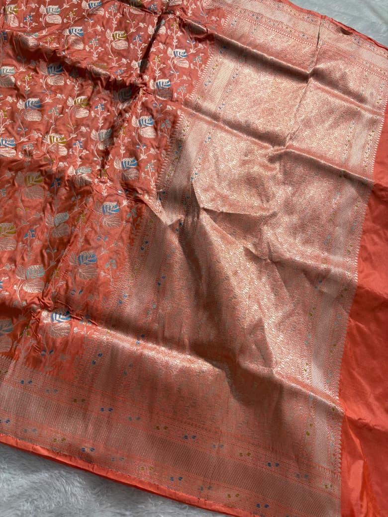 Subtle Peach Handwoven Pure Katan Meenakari Banarasi Saree