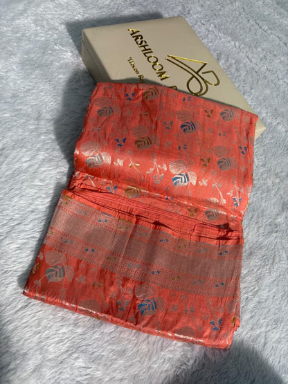 Subtle Peach Handwoven Pure Katan Meenakari Banarasi Saree