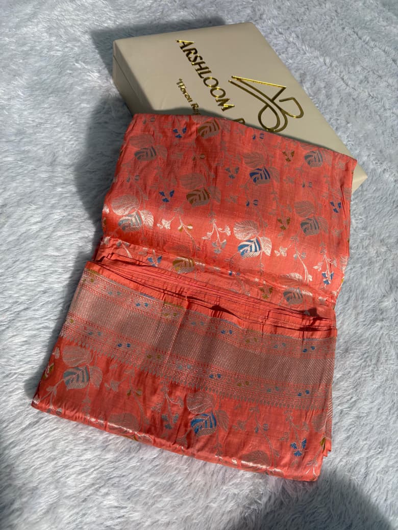 Subtle Peach Handwoven Pure Katan Meenakari Banarasi Saree