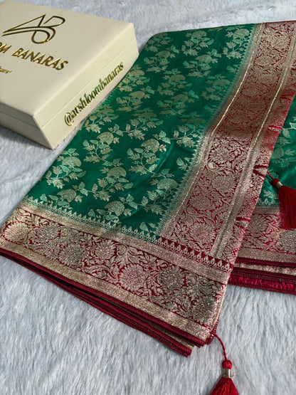 Bridal Green+Red Contrast Floral Satin Silk with swarovski work