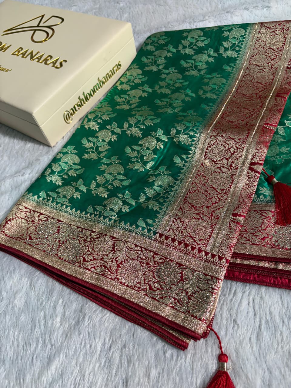 Bridal Green+Red Contrast Floral Satin Silk with swarovski work