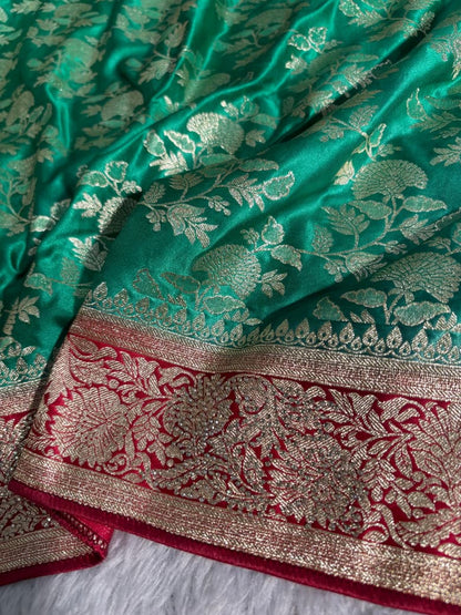 Bridal Green+Red Contrast Floral Satin Silk with swarovski work