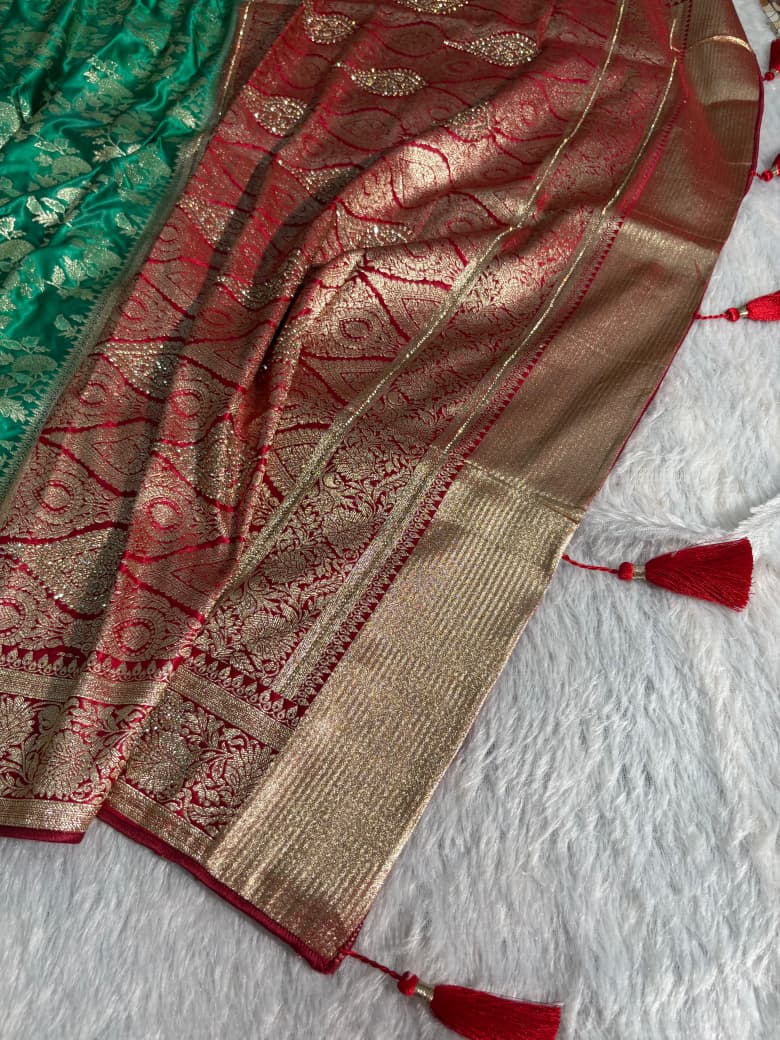 Bridal Green+Red Contrast Floral Satin Silk with swarovski work