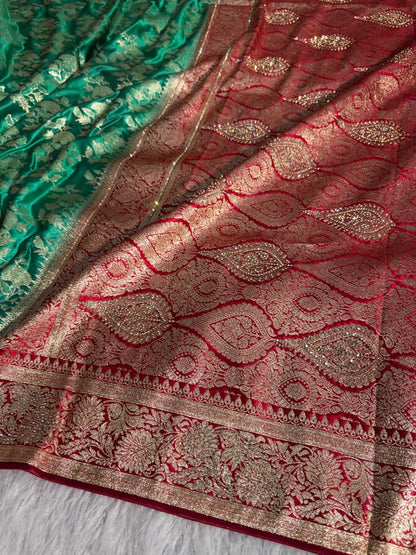 Bridal Green+Red Contrast Floral Satin Silk with swarovski work