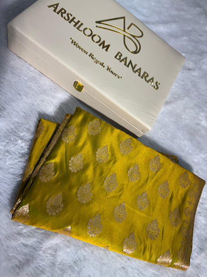 Mehandi Green Floral Boota Pattern Satin Katan Silk Saree