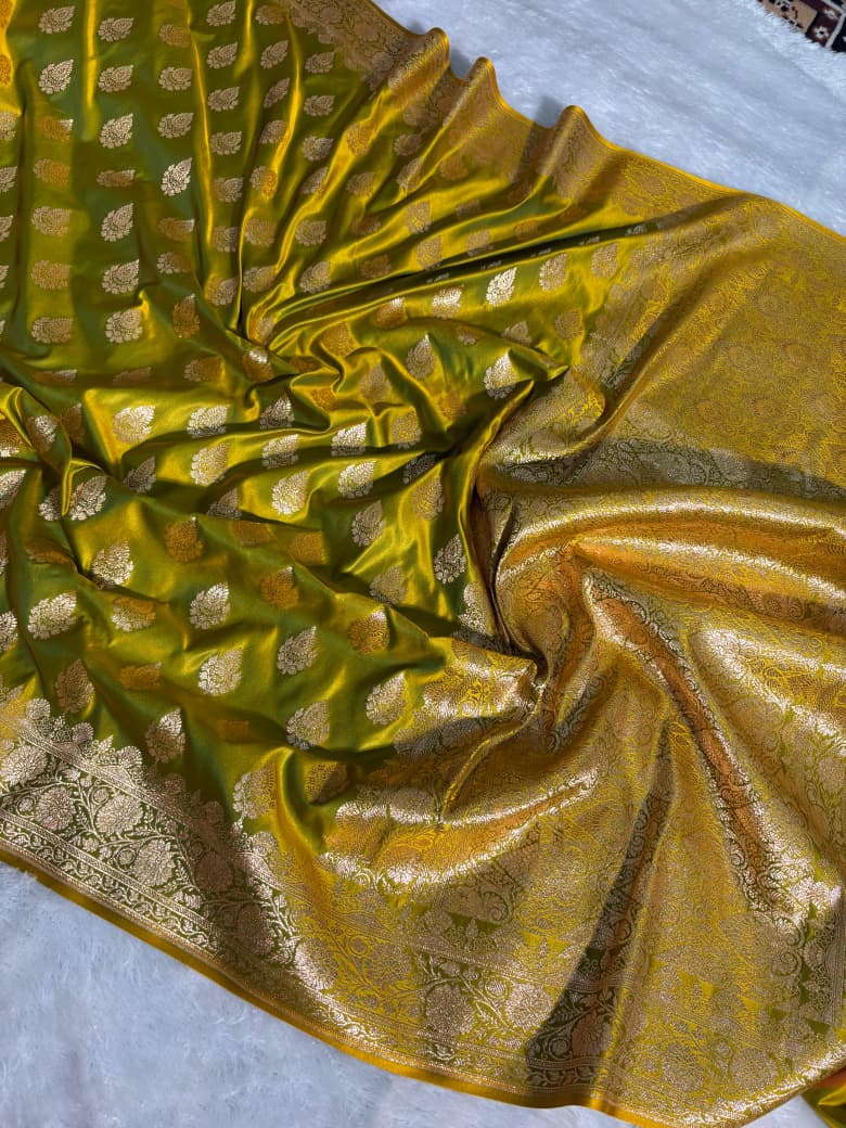 Mehandi Green Floral Boota Pattern Satin Katan Silk Saree