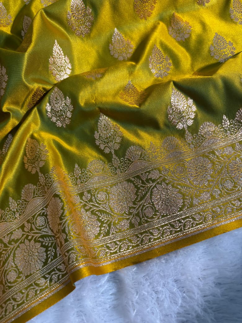 Mehandi Green Floral Boota Pattern Satin Katan Silk Saree
