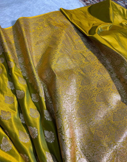 Mehandi Green Floral Boota Pattern Satin Katan Silk Saree
