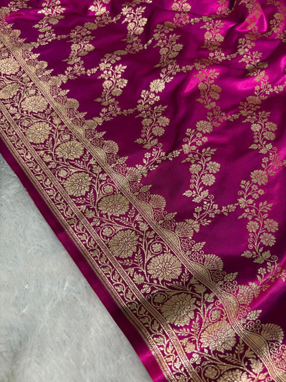 Rani Floral Cross Jaal Satin Silk Saree