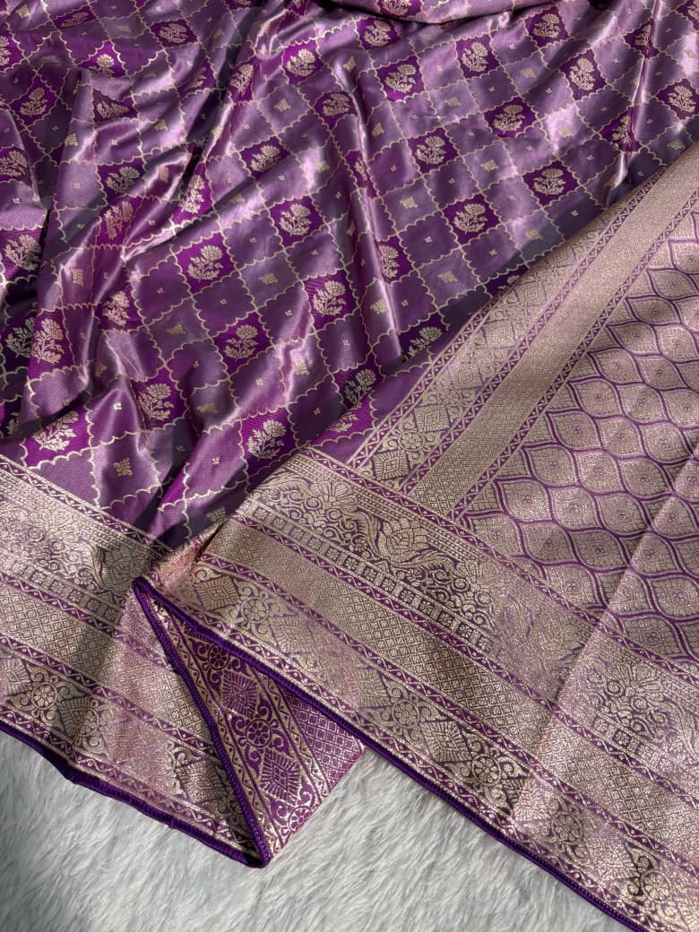 Deep Purple Checkered Floral Pattern Mashru Silk Saree