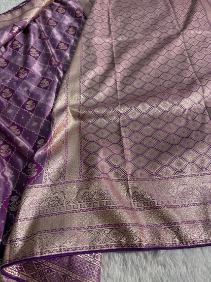 Deep Purple Checkered Floral Pattern Mashru Silk Saree