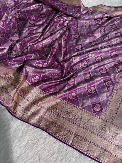 Deep Purple Checkered Floral Pattern Mashru Silk Saree