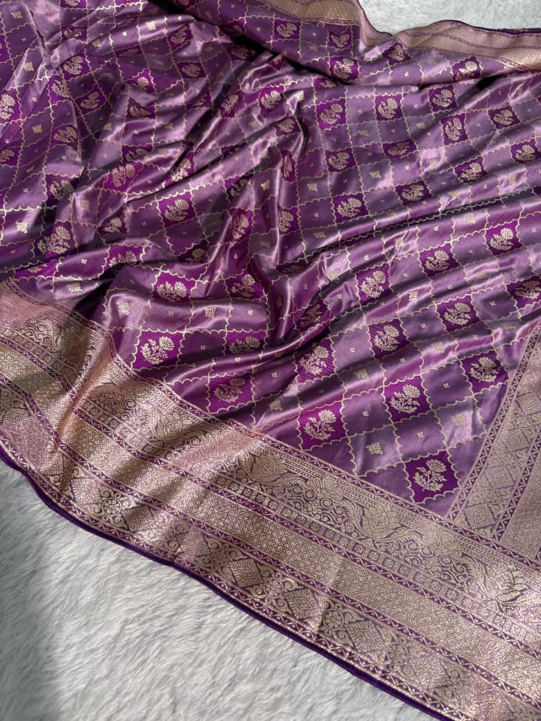 Deep Purple Checkered Floral Pattern Mashru Silk Saree