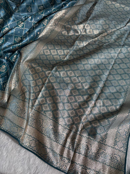 Teal Blue Checkered Floral Pattern Mashru Silk Saree