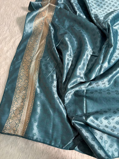 Teal Blue Checkered Floral Pattern Mashru Silk Saree