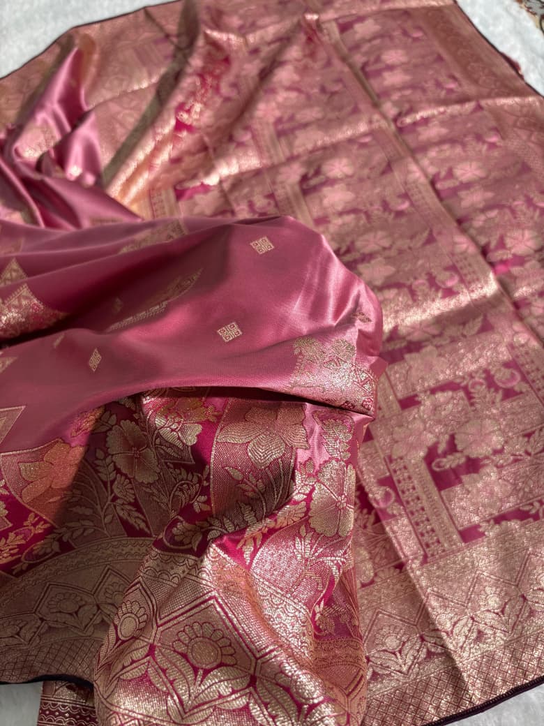 Dusty Rose Pink Floral & Booti Pattern Mashru Silk Saree