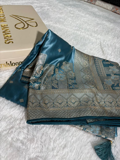 Teal Blue Floral & Booti Pattern Mashru Silk Saree