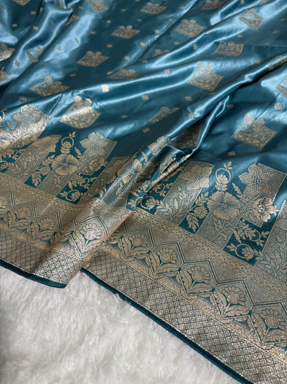 Teal Blue Floral & Booti Pattern Mashru Silk Saree