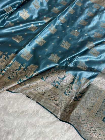Teal Blue Floral & Booti Pattern Mashru Silk Saree