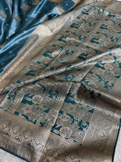 Teal Blue Floral & Booti Pattern Mashru Silk Saree