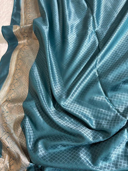 Teal Blue Floral & Booti Pattern Mashru Silk Saree