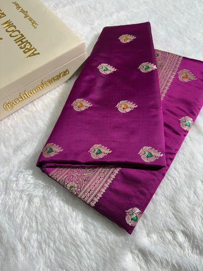 Magenta Pink Minakari Boota Satin Katan Silk Saree
