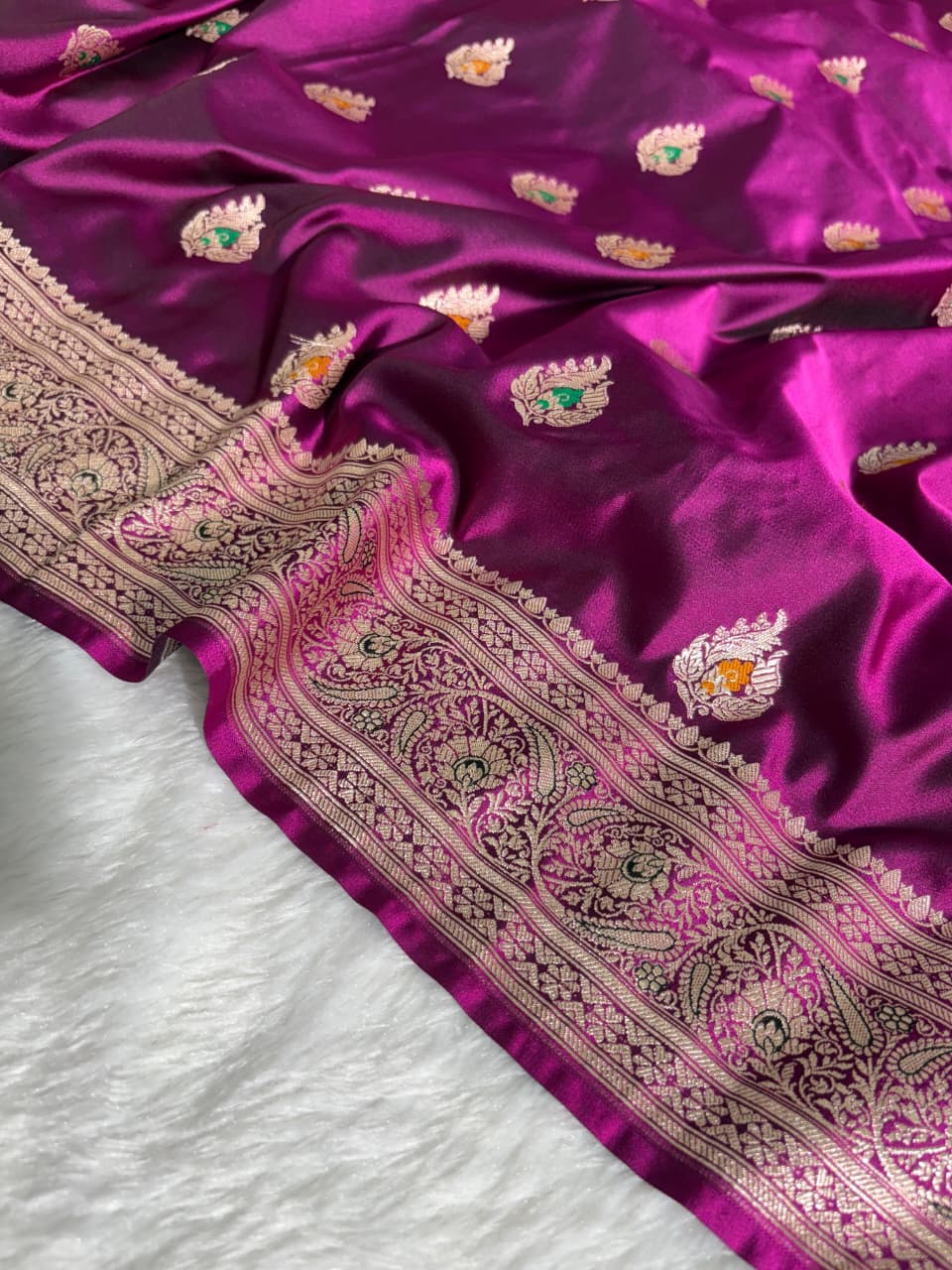 Magenta Pink Minakari Boota Satin Katan Silk Saree