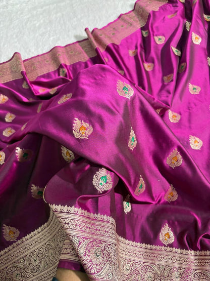 Magenta Pink Minakari Boota Satin Katan Silk Saree