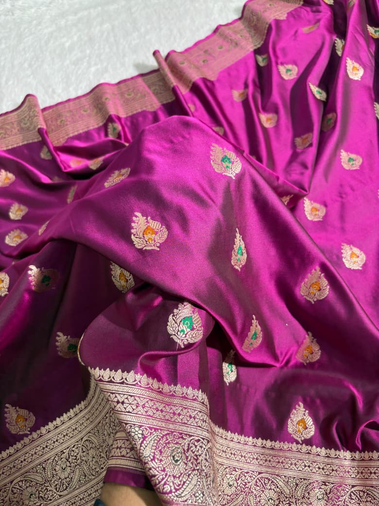 Magenta Pink Minakari Boota Satin Katan Silk Saree