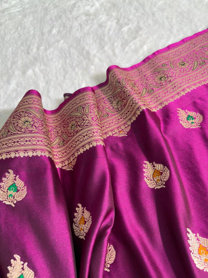 Magenta Pink Minakari Boota Satin Katan Silk Saree