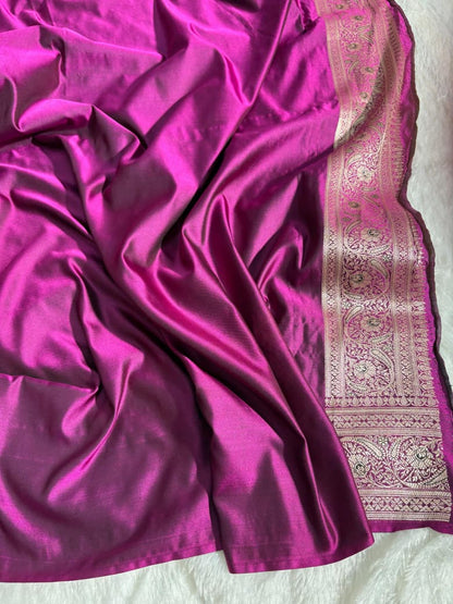 Magenta Pink Minakari Boota Satin Katan Silk Saree