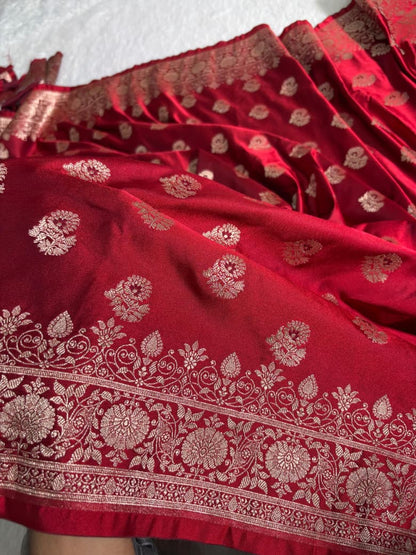 Red Banarasi Minakari Floral Boota Mashru Silk Saree