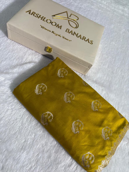 Mustard Yellow Banarasi Buta Motifs Mashru Silk Saree