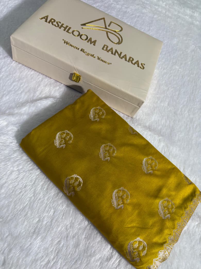 Mustard Yellow Banarasi Buta Motifs Mashru Silk Saree