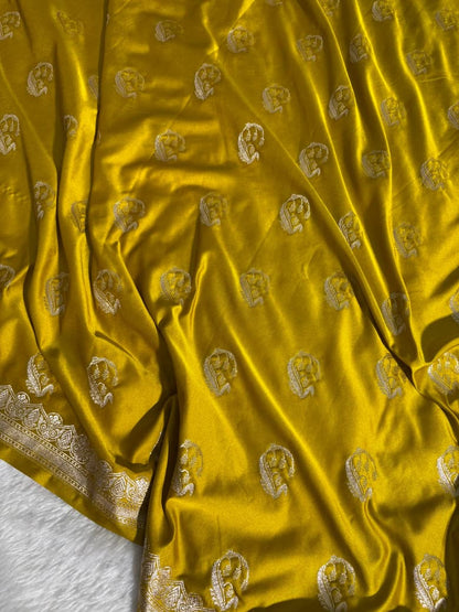 Mustard Yellow Banarasi Buta Motifs Mashru Silk Saree