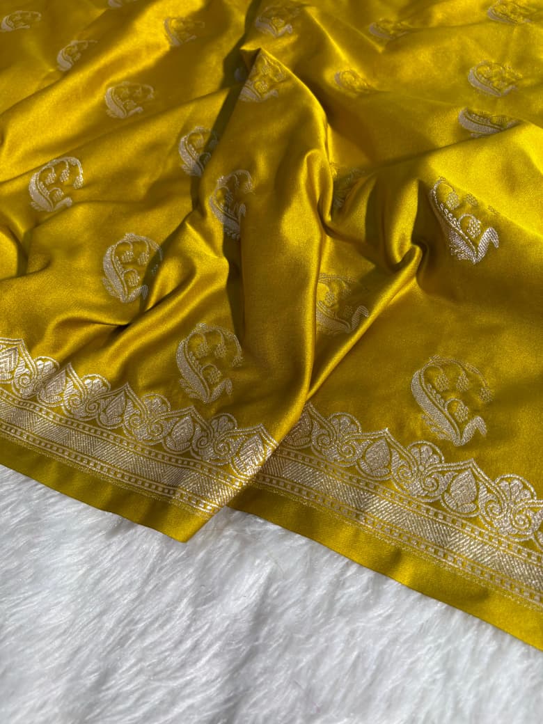 Mustard Yellow Banarasi Buta Motifs Mashru Silk Saree