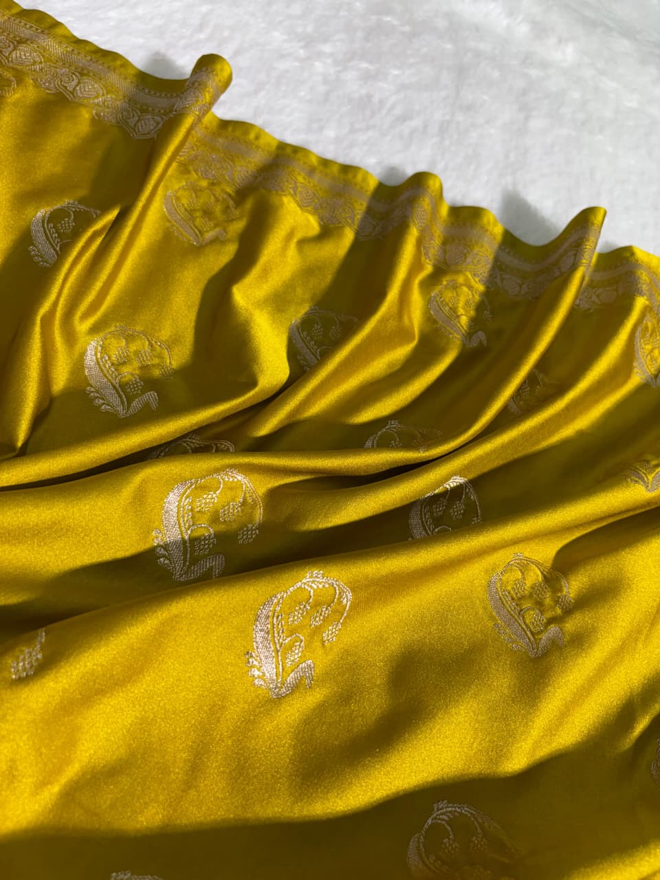 Mustard Yellow Banarasi Buta Motifs Mashru Silk Saree